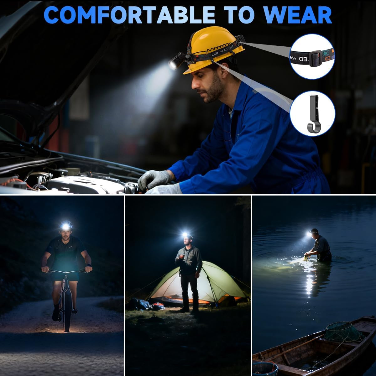 Rechargeable LED Headlamp High Lumen, 3000L Super Bright Head Lamp | 4 Models, Adjustable Focus, 90° Rotatable Head Lights for Forehead, Headlight Flashlight for Adults Hardhat Camping - 2 Pack