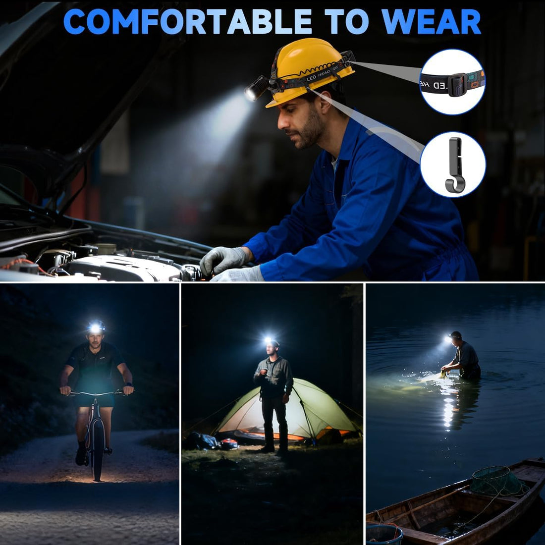 Rechargeable LED Headlamp High Lumen, 3000L Super Bright Head Lamp | 4 Models, Adjustable Focus, 90° Rotatable Head Lights for Forehead, Headlight Flashlight for Adults Hardhat Camping - 2 Pack