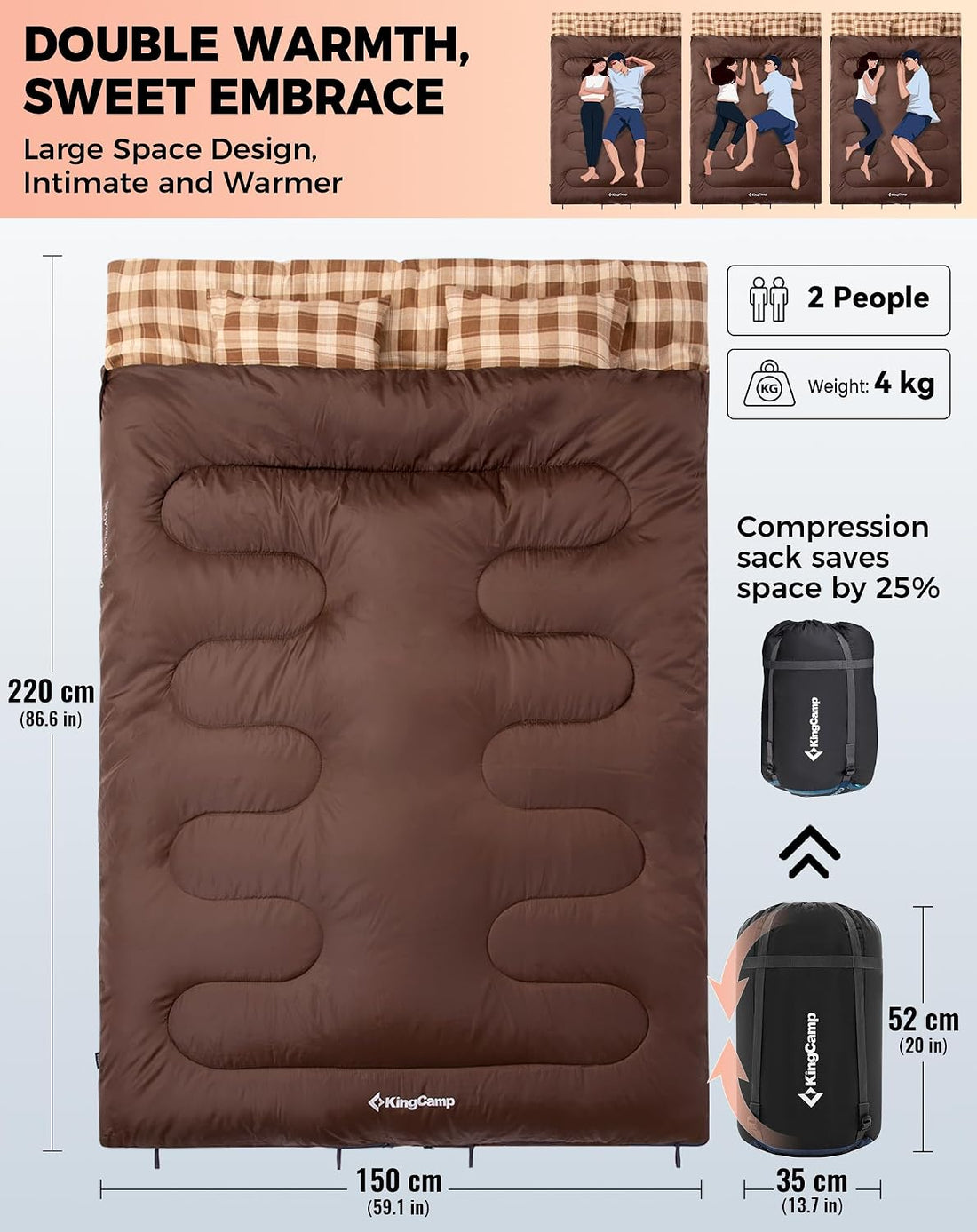 Double Sleeping Bag for Adults, Queen Size 2 Person Sleeping Bag | XXL 100% Cotton Flannel Waterproof,Lightweight,Includes 2 Pillows Sleeping Bag,Perfect for Couples Family Camping Hiking