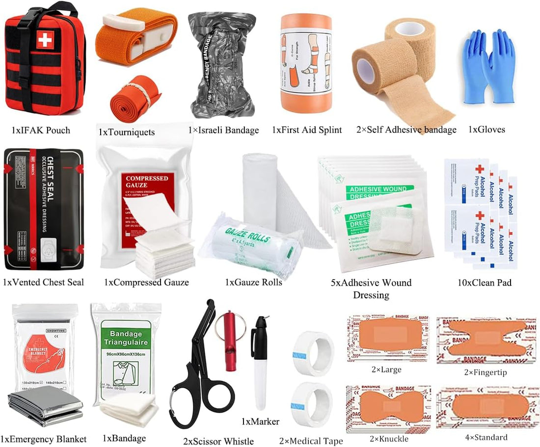 IFAK Kit Trauma Kit Military Medical First Aid Kits Bleeding Contral Emergency Survival Bug Out Bag for Camping Gear Supplies Hiking (Red)