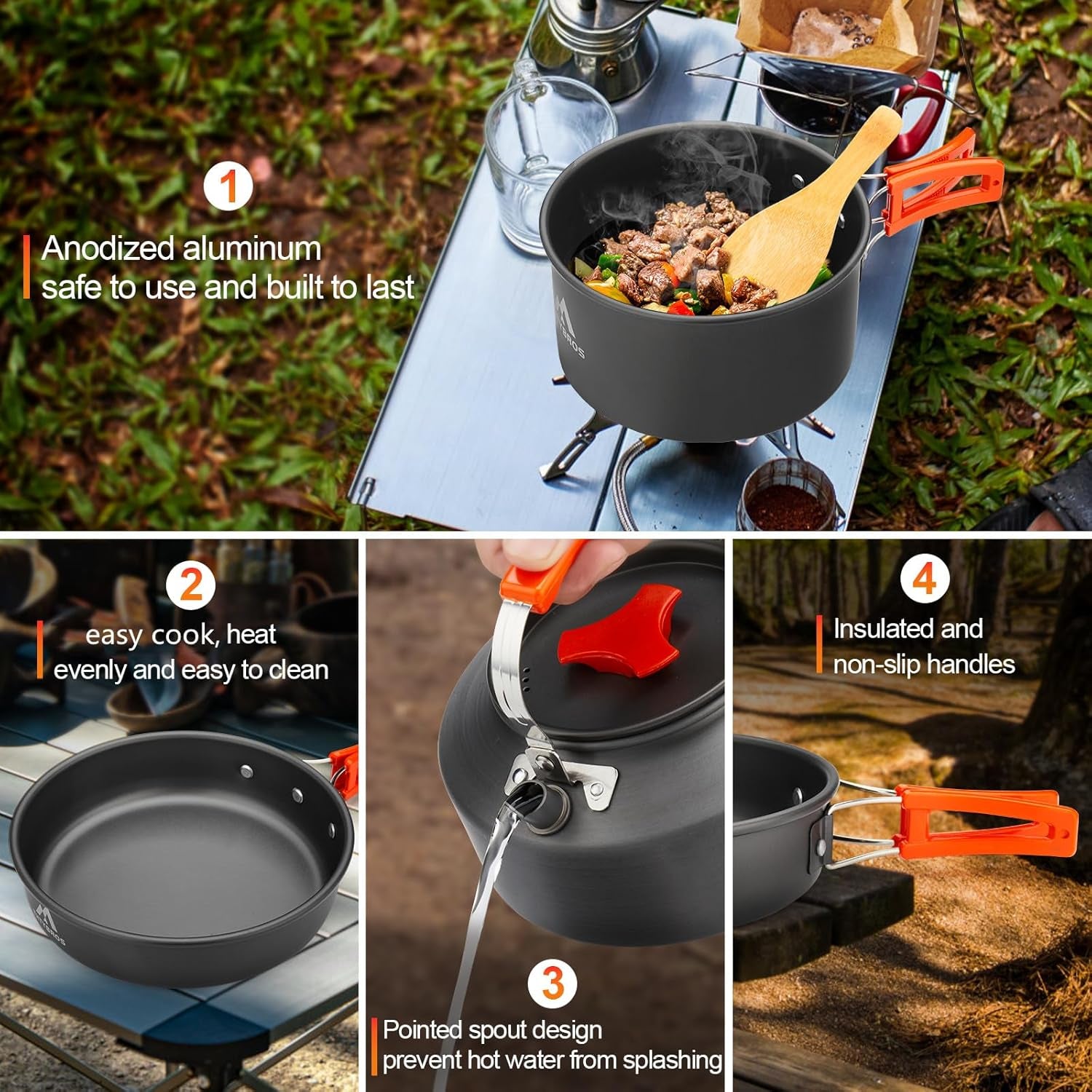17Pcs Camping Cookware Mess Kit,For Camping,Backpacking,Picnic | 0.45Gal Pot,7Inches Pan,0.30Gal Kettle Set with 2 Set Stainless Steel Cups Plates Forks Knives Spoons,Pots, Pans & Griddles