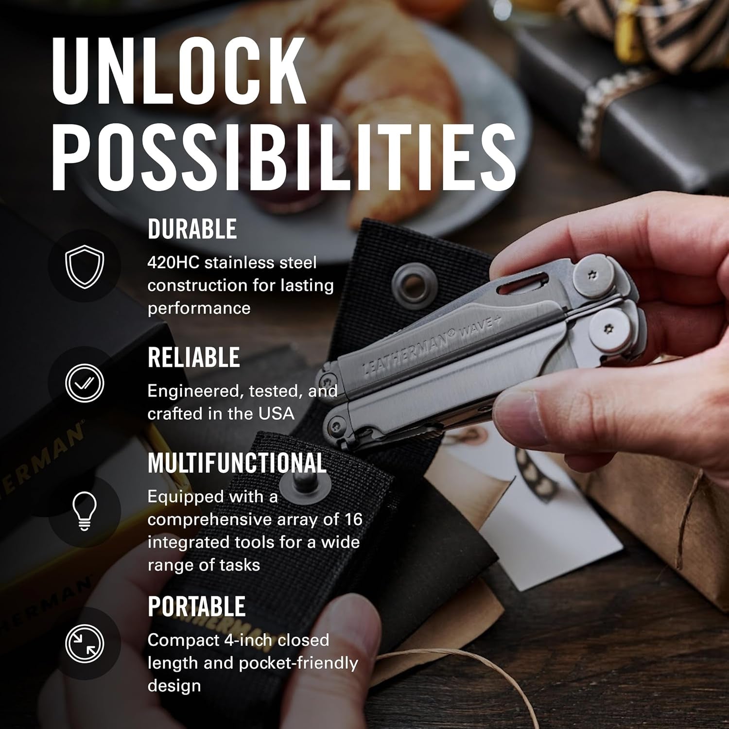LEATHERMAN Wave plus 18-In-1 Multi-Tool, DIY and Outdoors, Stainless Steel | Outside-Accessible Blades, Replaceable Wire Cutters, Spring-Action Scissors, Locking Tools
