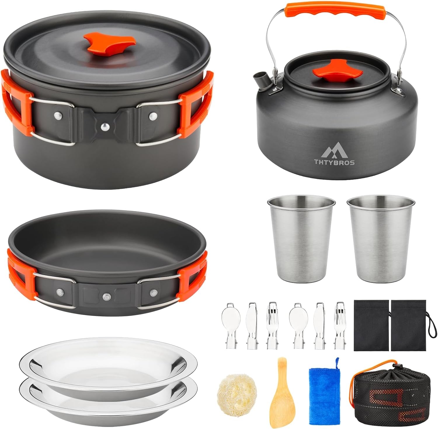 17Pcs Camping Cookware Mess Kit,For Camping,Backpacking,Picnic | 0.45Gal Pot,7Inches Pan,0.30Gal Kettle Set with 2 Set Stainless Steel Cups Plates Forks Knives Spoons,Pots, Pans & Griddles
