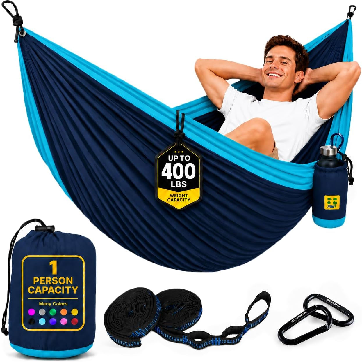Durable Hammock 400 Lb Capacity, Nylon Camping Hammock Chair - Double or Single Sizes W/Tree Straps and Attached Carry Bag - Portable for Travel/Backpacking/Beach/Backyard (Medium, Blue & Light Blue)