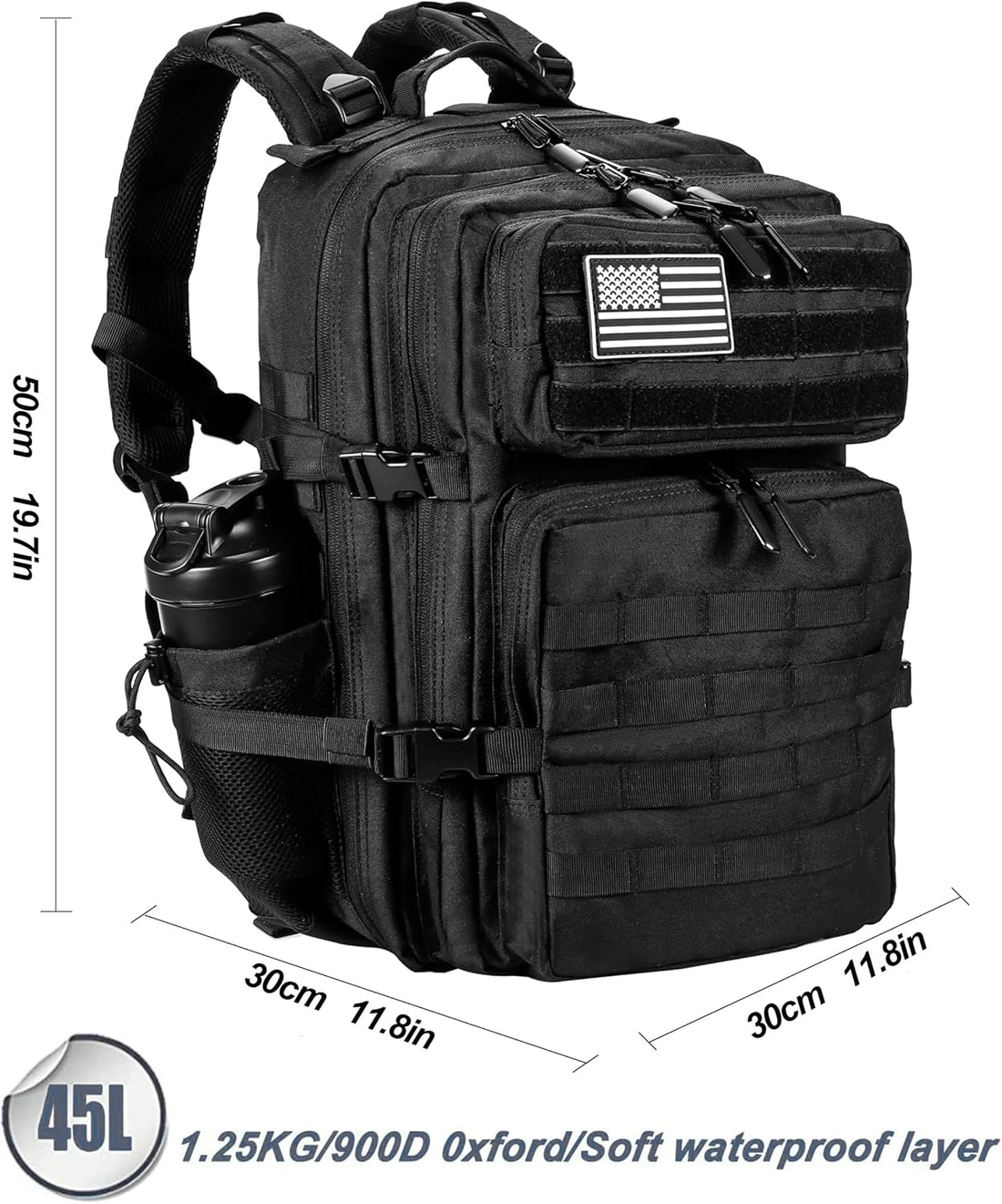 Military Tactical Backpack for Men and Women 45L Army 3 Days Assault Pack Bag Large Rucksack with Molle System - Black