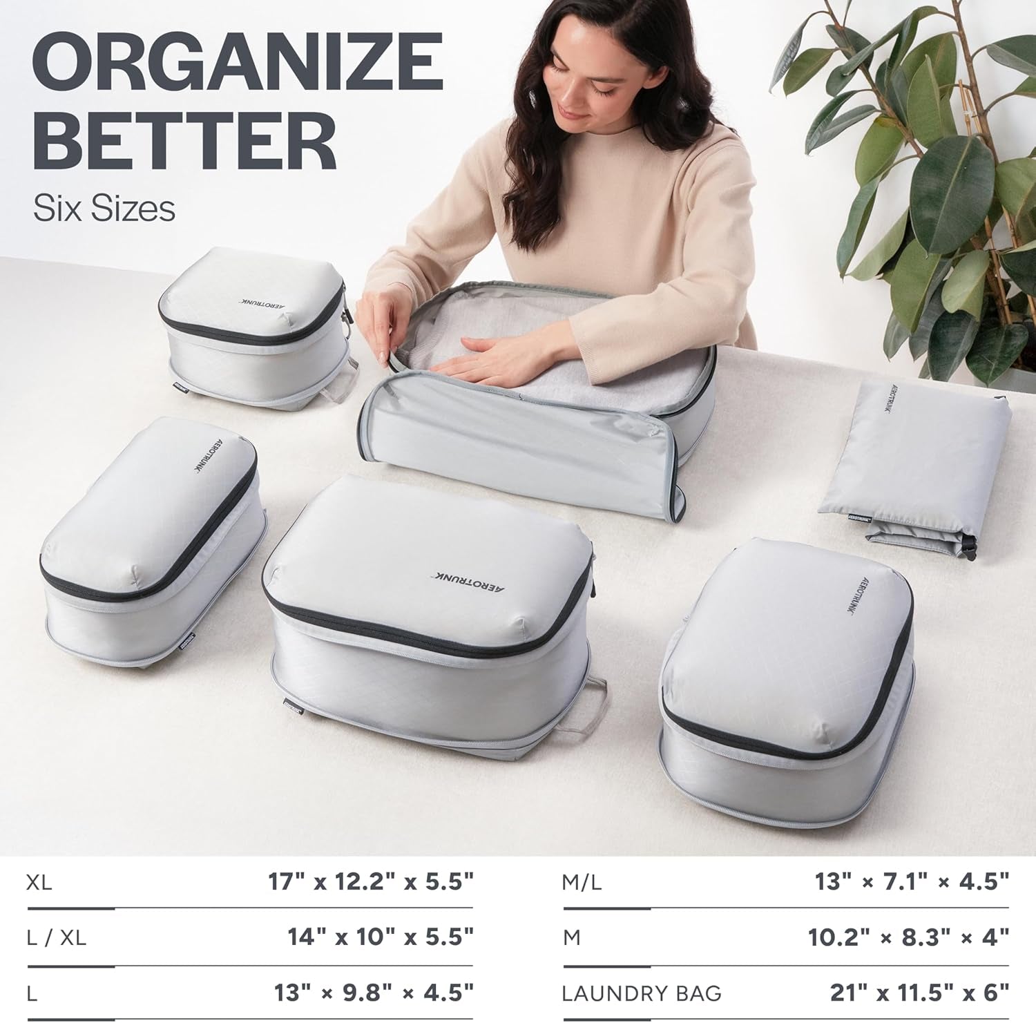 Ultralight Compression Packing Cubes for Travel, 6-Pack, Light Grey