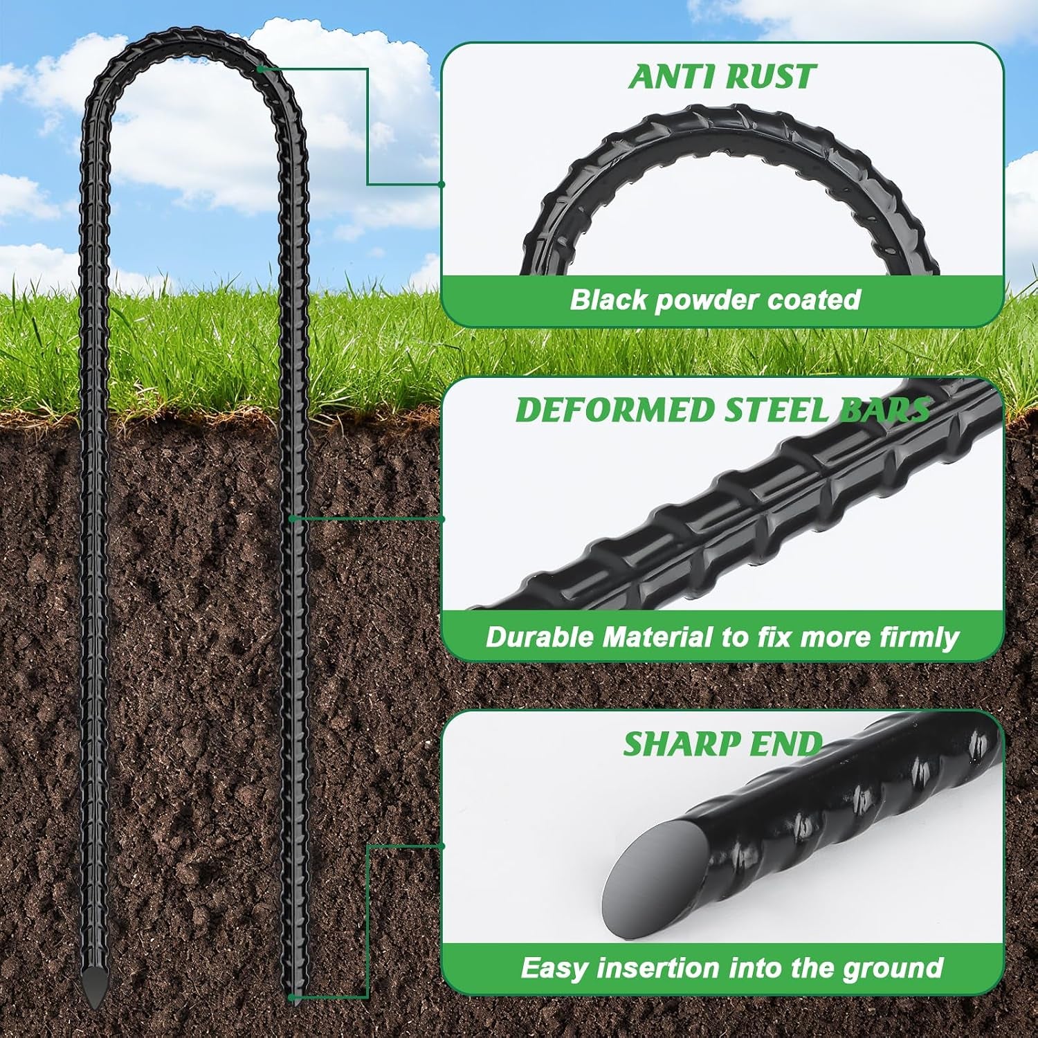 Trampoline Stakes, Trampoline Accessories, Ground Stakes Heavy Duty, Ground Anchors Screw In, Rebar Stakes, High Wind Tent Anchors, Galvanized Steel, U Shaped, Black