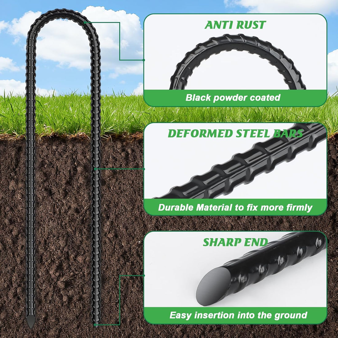 Trampoline Stakes, Trampoline Accessories, Ground Stakes Heavy Duty, Ground Anchors Screw In, Rebar Stakes, High Wind Tent Anchors, Galvanized Steel, U Shaped, Black