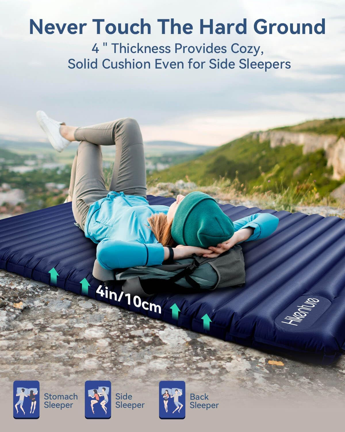 Double Sleeping Pad for Camping, Ultralight 4" Extra-Thick Camping Mattress 2 Person, Inflatable Backpacking Sleeping Mat, Hiking Air Mattress for Tent (Navy Footpump 79X47.5In)