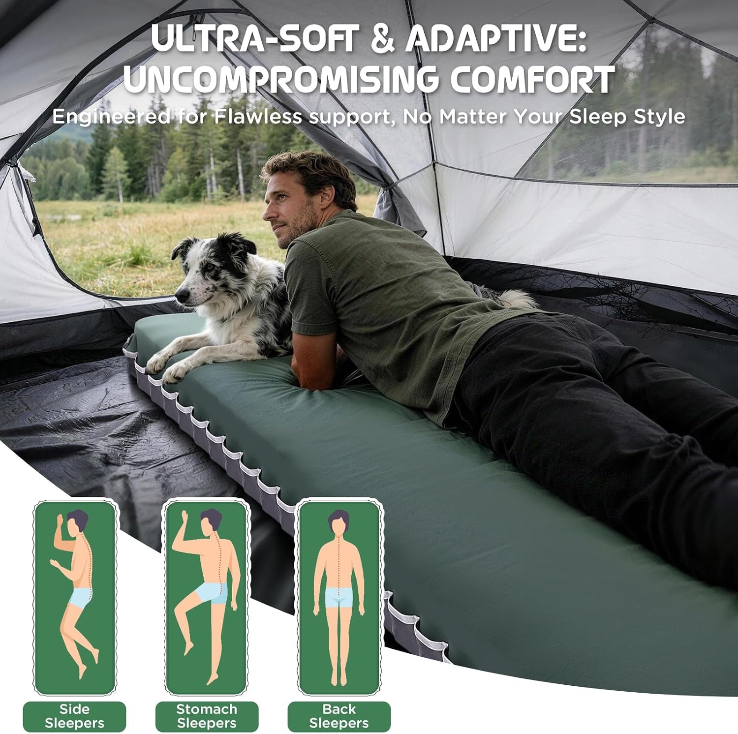 Air & Foam Camping Mattress with Air Pump 4" Single Army Green | Cumbrex™ Memory Foam Sleeping Pad, Ultra-Thick, R-Value 9.5, 4-Season Camp Mat, Compact for Travel Outdoor