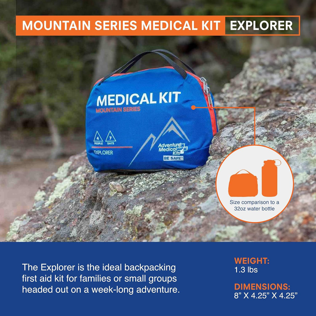 Mountain Series Medical Kit - Explorer - Emergency Medical First Aid Kit - for 4 People for 7 Days - Comes with a Trauma Pad, Medicine, Guide Book & More | Includes Trauma Pad & Elastic Bandage for Severe Bleeding, plus Wilderness First Aid Guide for 7 Da