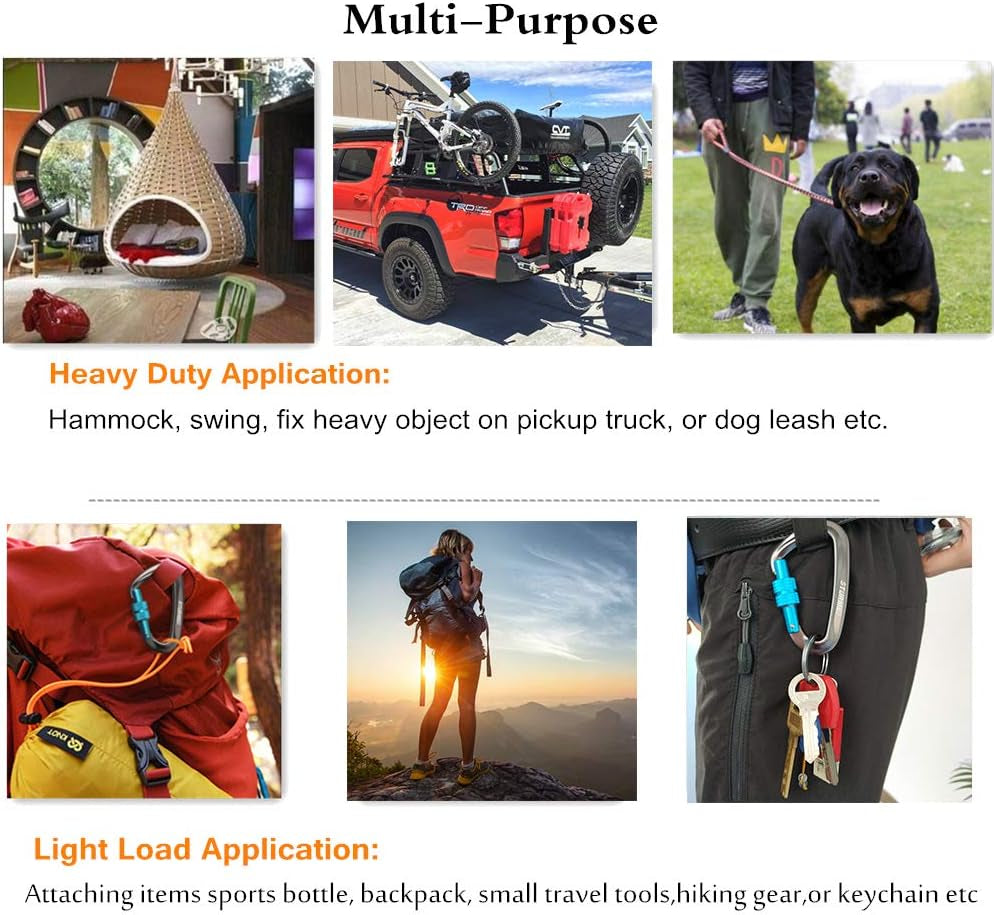 12Kn (2697 Lbs) Heavy Duty Locking Carabiner Clips for Outdoor, Camping, Hiking, Securing Pets, Hammock, Dog Leash Harness