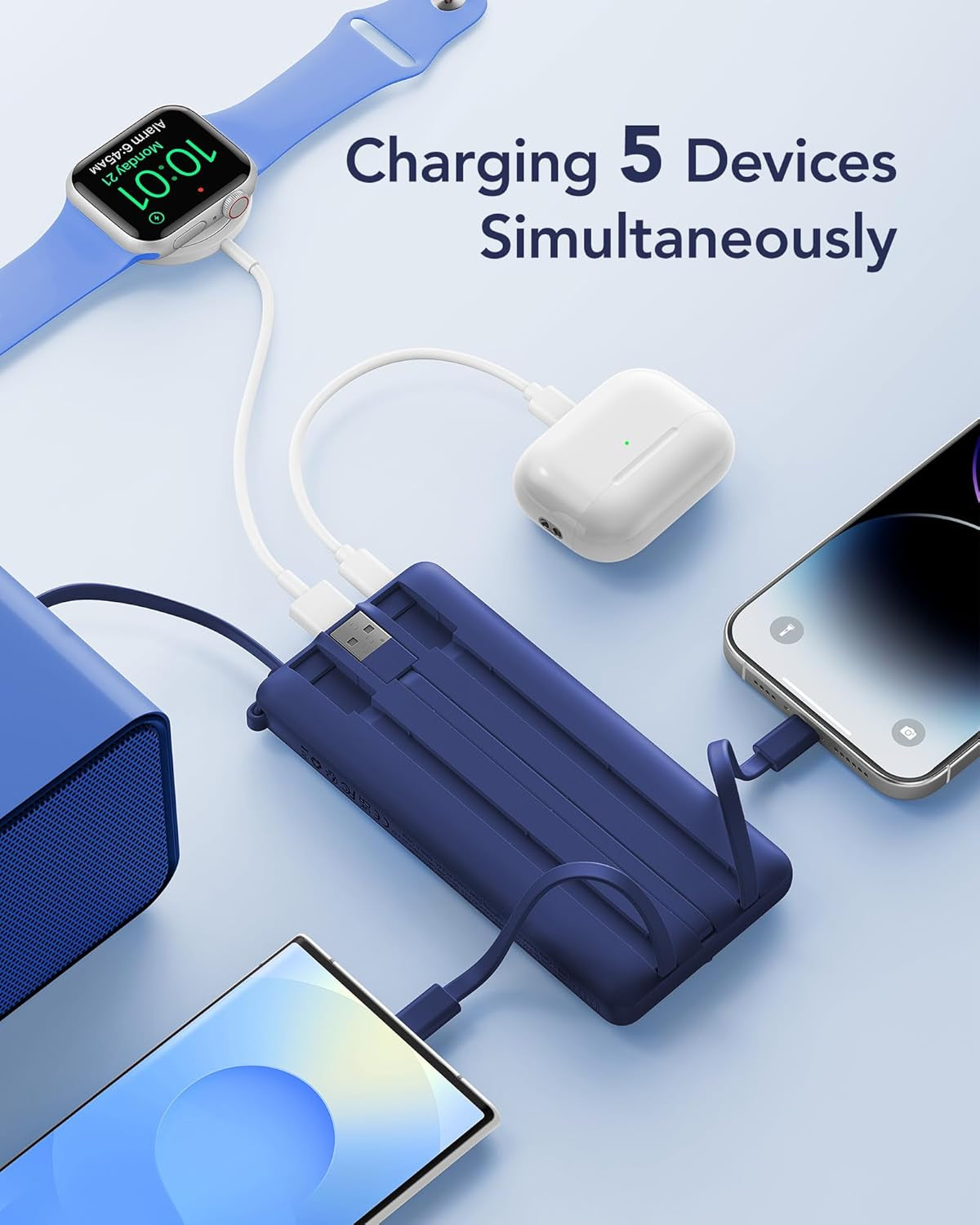 Portable Charger, Built in 4 Cables & Lanyard Power Bank 10000Mah | Compact USB C Phone Charging Bank 5 Outputs for Multi Devices,Travel Essential for Hiking Camping Business-Navy(1 Pack)