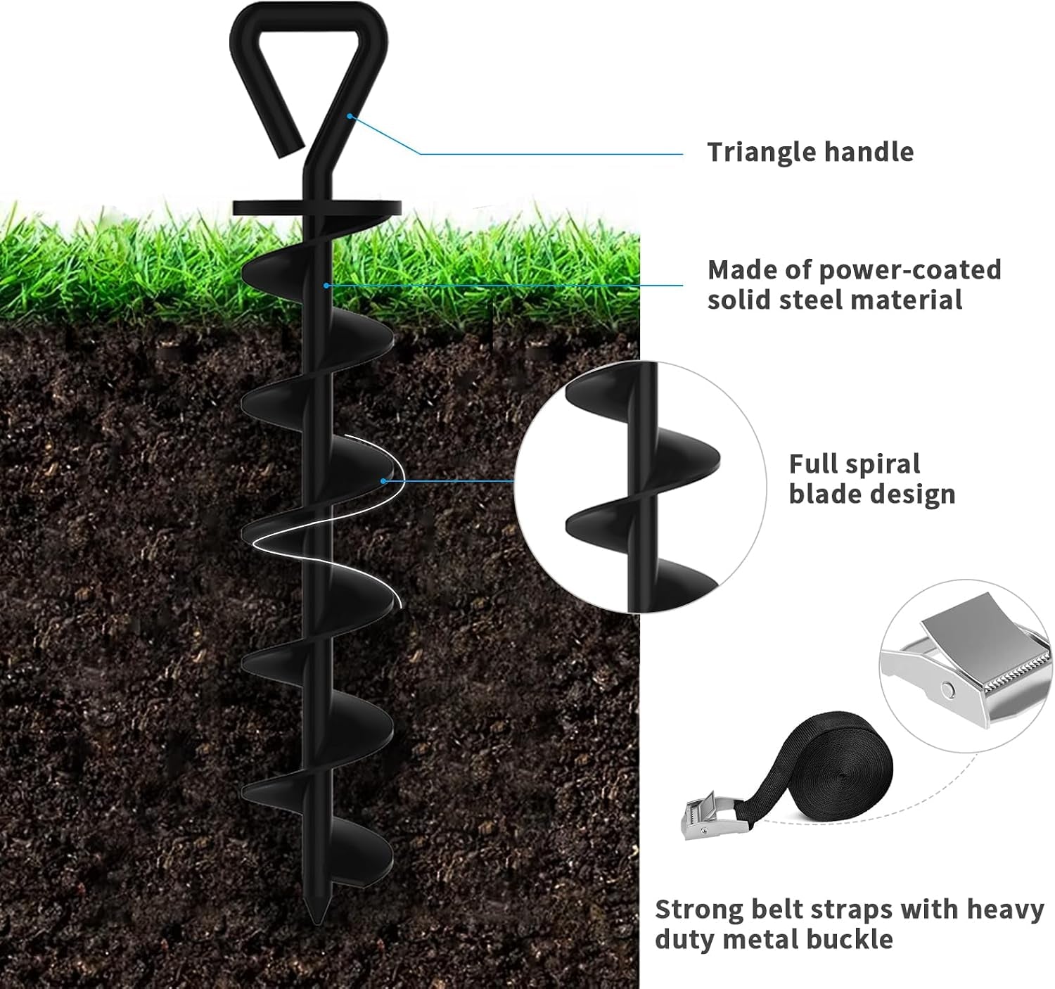USA 4 Pack Heavy Duty Ground Stakes,Industrial Grade Spiral Steel Screw-In Trampoline Anchors with 4 Reinforced Straps,High Wind Stabilizing Kit for Dog Tie-Out,Canopies,Sheds,Swing Sets,Black