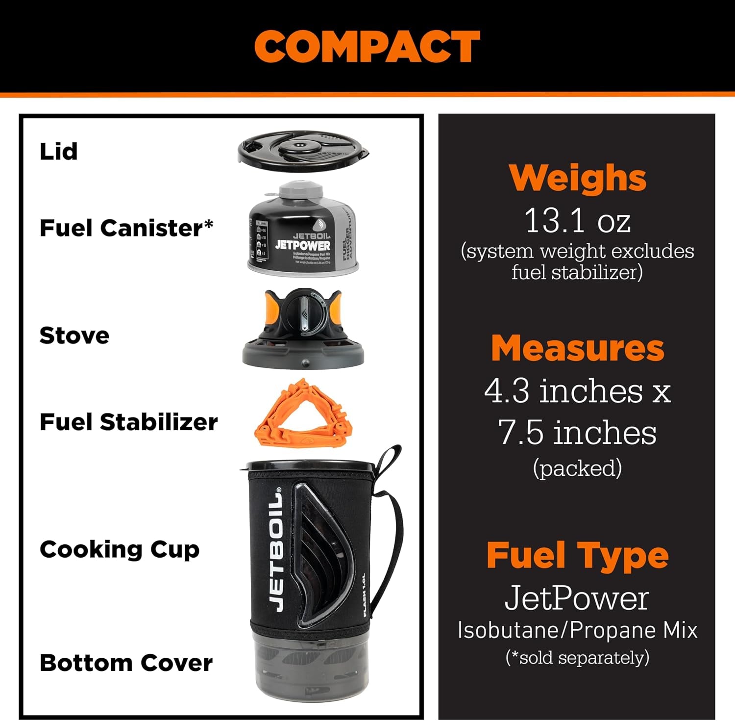 Jetboil Flash Portable Fast Boil Stove for Camping and Backpacking with 1-Step Auto Ignition, Propane/Isobutane Burner with Cooking Cup