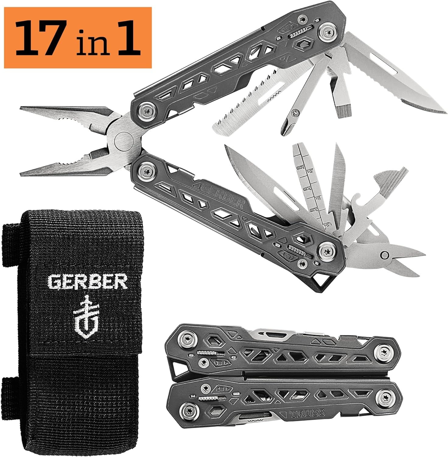 Gear Truss 17-In-1 EDC Needle Nose Pliers Multi Tool - Includes Pocket Knife, Screwdriver, and Bottle Opener Accessories - Gifts for Men, Fishing and Camping Gear - Gray with Standard Sheath