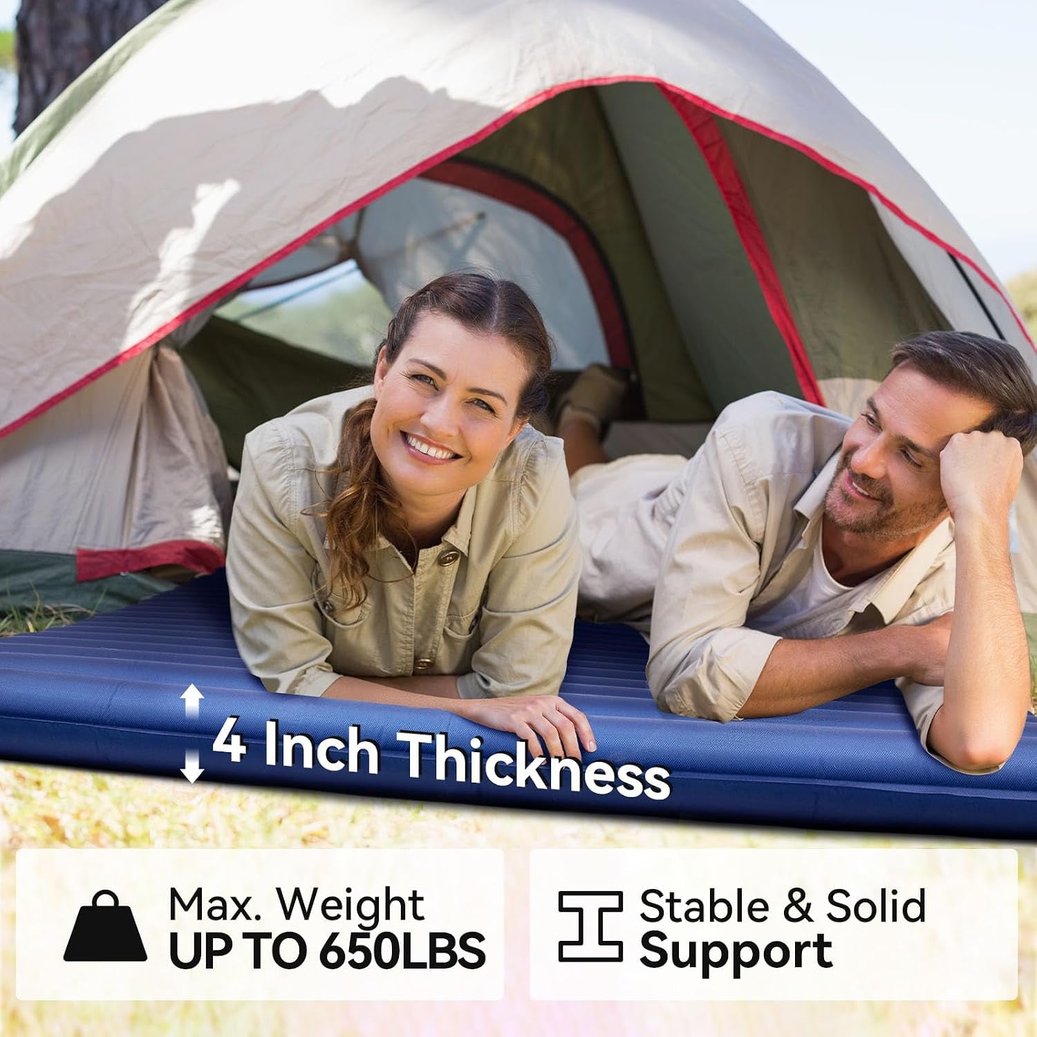 Double Sleeping Pad for Camping, Ultralight 4" Extra-Thick Camping Mattress 2 Person, Inflatable Backpacking Sleeping Mat, Hiking Air Mattress for Tent (Navy Footpump 79X47.5In)