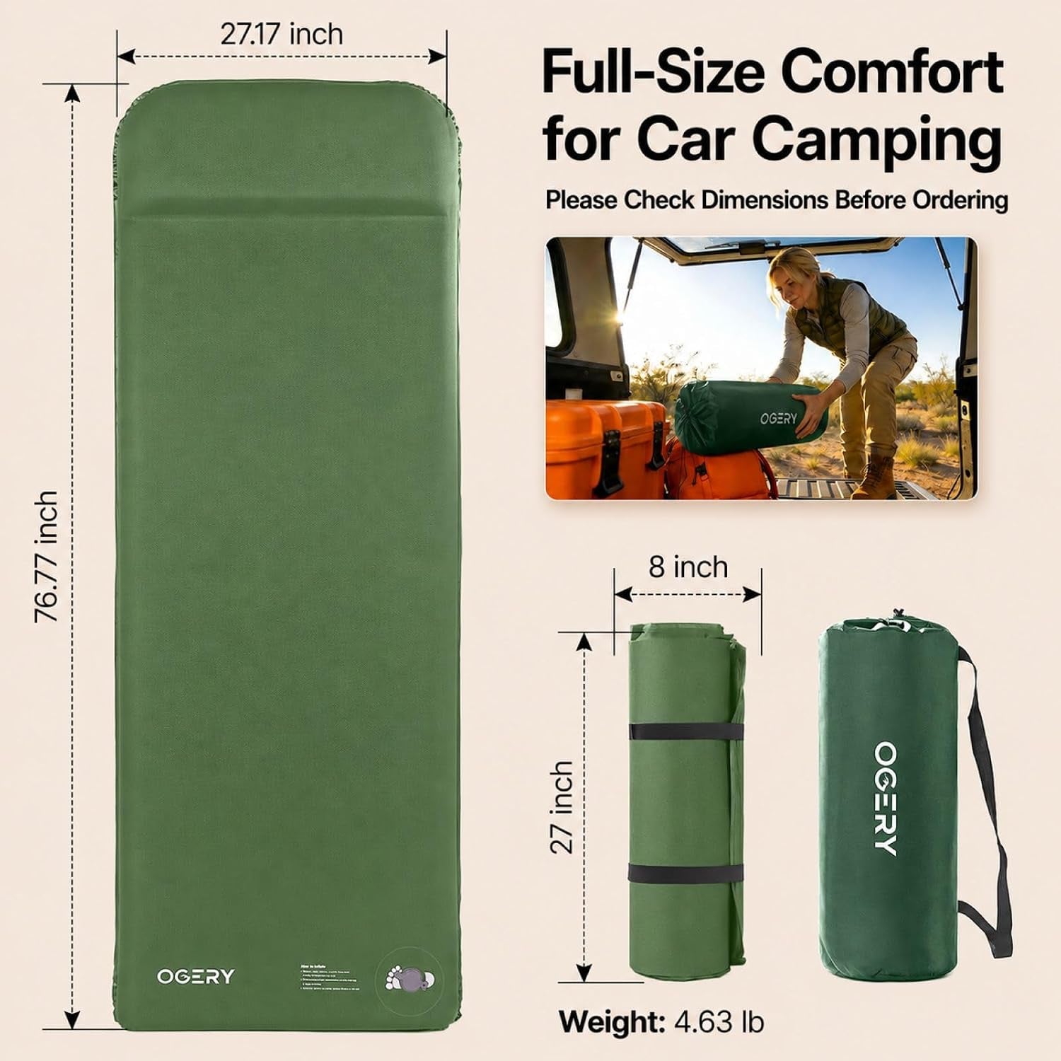 Self-Inflating Sleeping Pad, 3" Memory Foam Camping Mattress | Built-In Foot Pump, Insulated Foam, Memory Foam, Car Camping, Tent Camping, Backpacking, Compact Storage, 4-Season