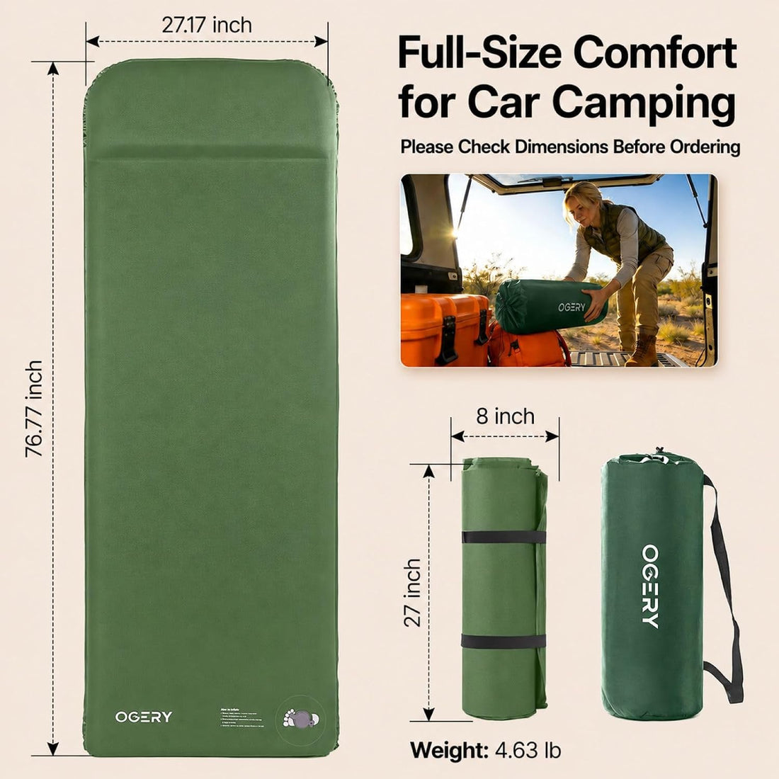 Self-Inflating Sleeping Pad, 3" Memory Foam Camping Mattress | Built-In Foot Pump, Insulated Foam, Memory Foam, Car Camping, Tent Camping, Backpacking, Compact Storage, 4-Season