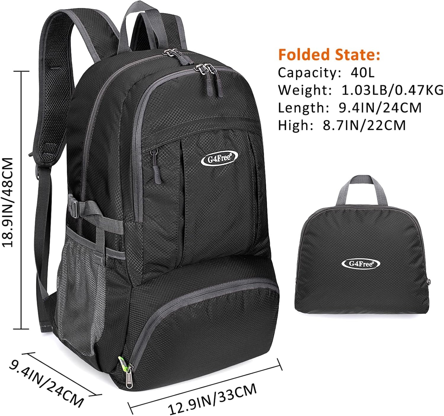 40L Lightweight Packable Hiking Backpack, Waterproof Travel Daypack | Water-Resistant Nylon, Size: 18.9*12.9*9.4 in (L*W*H), 100% Waterproof Wet Pocket, Travel, Climbing, Swimming (Black)