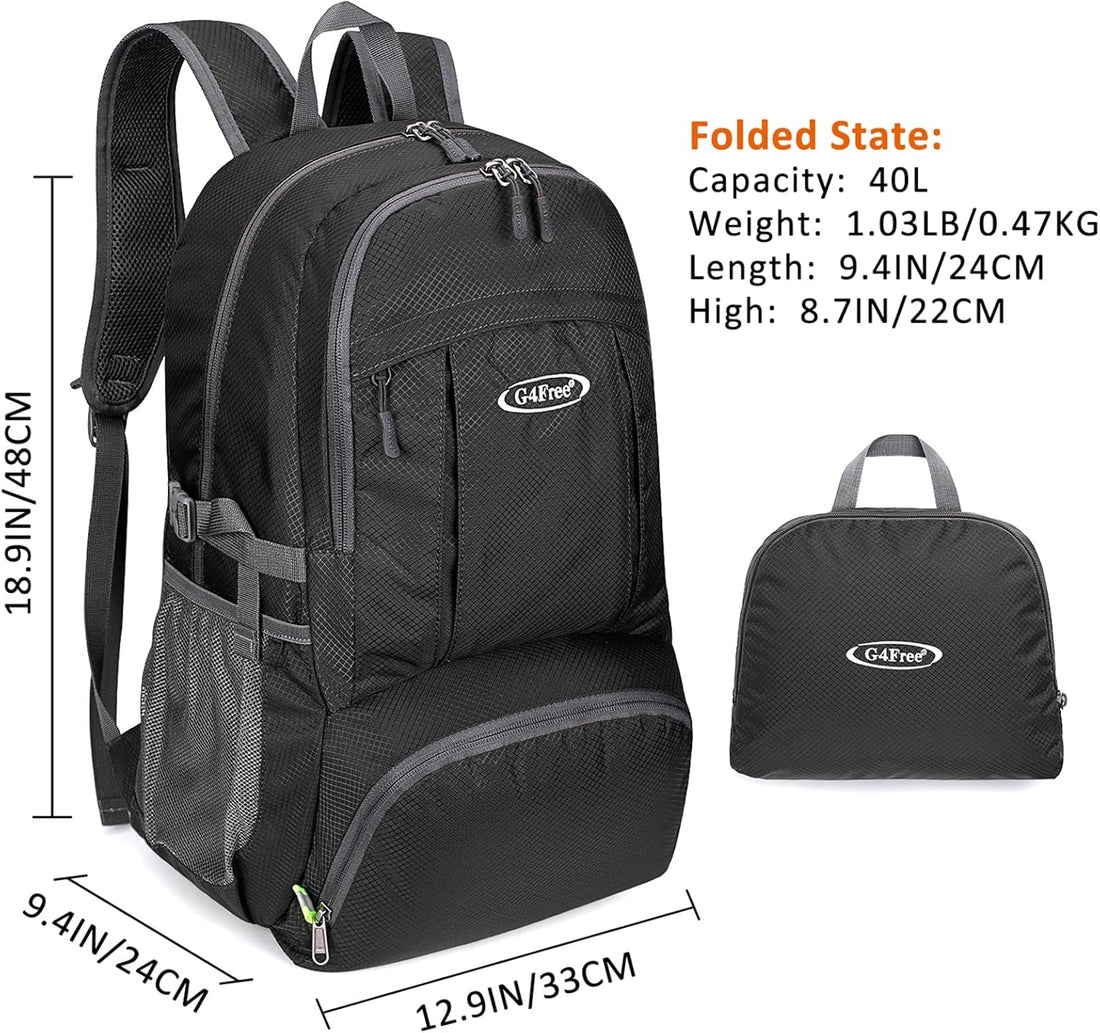 40L Lightweight Packable Hiking Backpack, Waterproof Travel Daypack | Water-Resistant Nylon, Size: 18.9*12.9*9.4 in (L*W*H), 100% Waterproof Wet Pocket, Travel, Climbing, Swimming (Black)