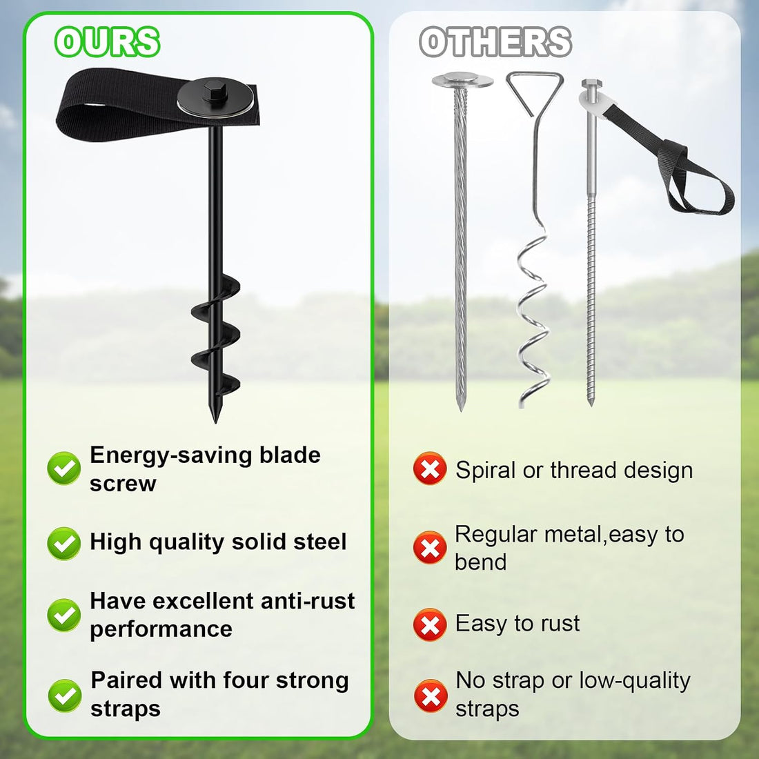 USA 4 Pack Universal Ground Anchors High Wind, Heavy Duty Screw-In Trampoline Stakes with 4 Straps, Upgraded Commercial Anchor Kit for Outdoor Sheds, Swing Sets & Mobile Homes (Black)