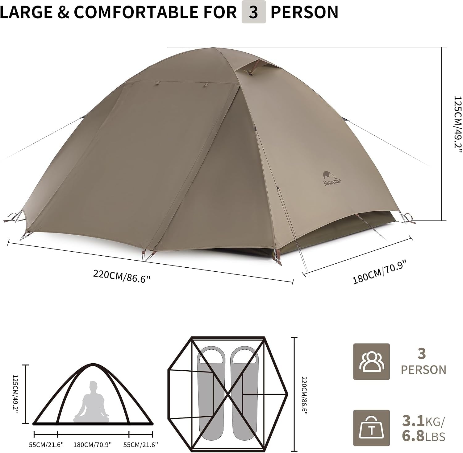 Cloud River 2 Person 3 Person Backpacking Tent, Waterproof 2 Person 3 Person Tents for Camping, Double Layer Camping Tent