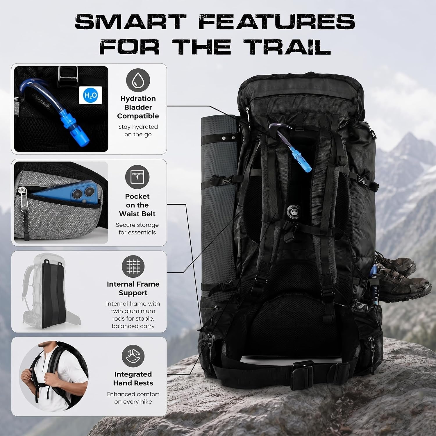 Supersonik 72L Internal Frame Hiking Backpack for Men and Women – Lightweight Waterproof Trekking & Camping Backpack with Rain Cover – Adjustable Back Length, Hydration Bladder Compatible