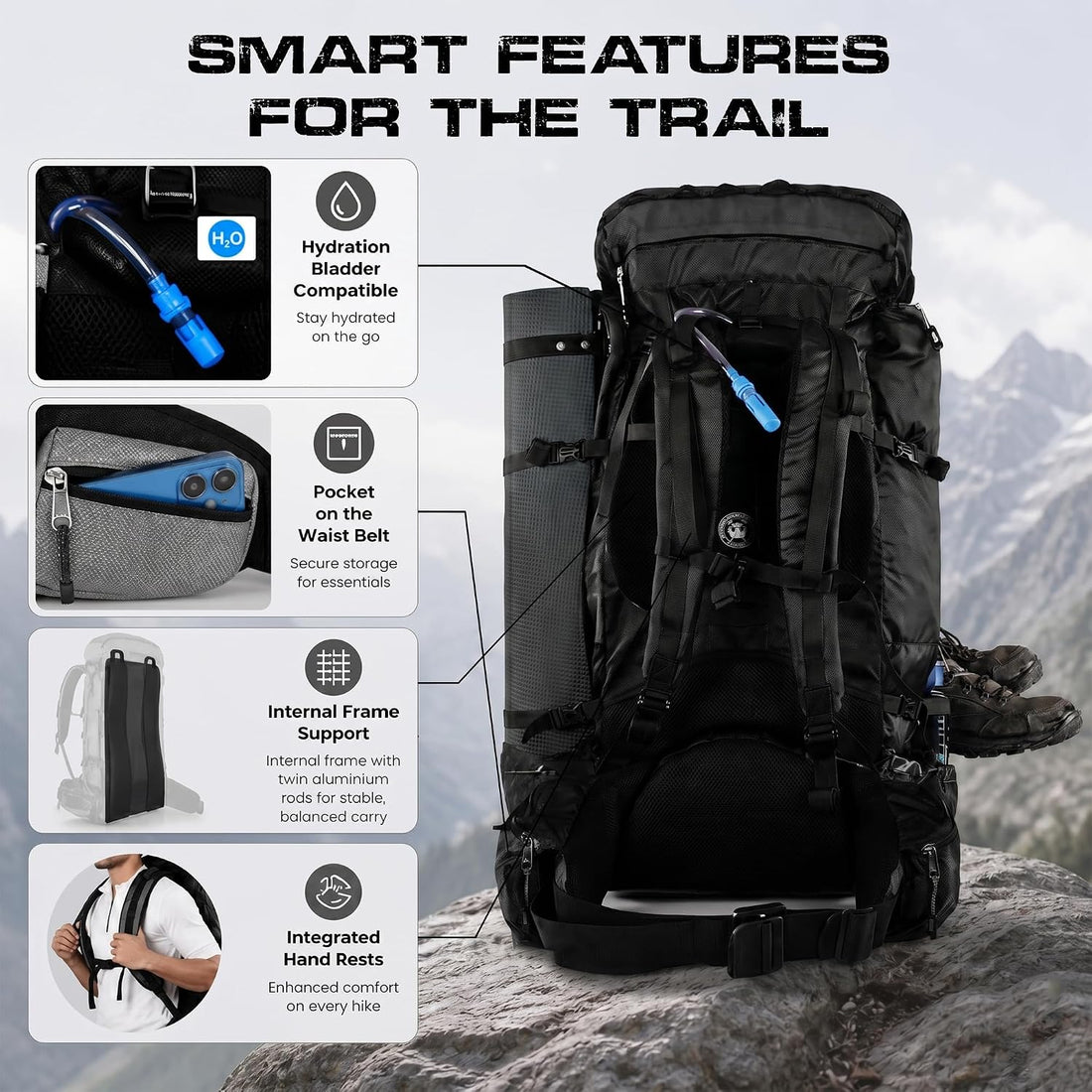 Supersonik 72L Internal Frame Hiking Backpack for Men and Women – Lightweight Waterproof Trekking & Camping Backpack with Rain Cover – Adjustable Back Length, Hydration Bladder Compatible