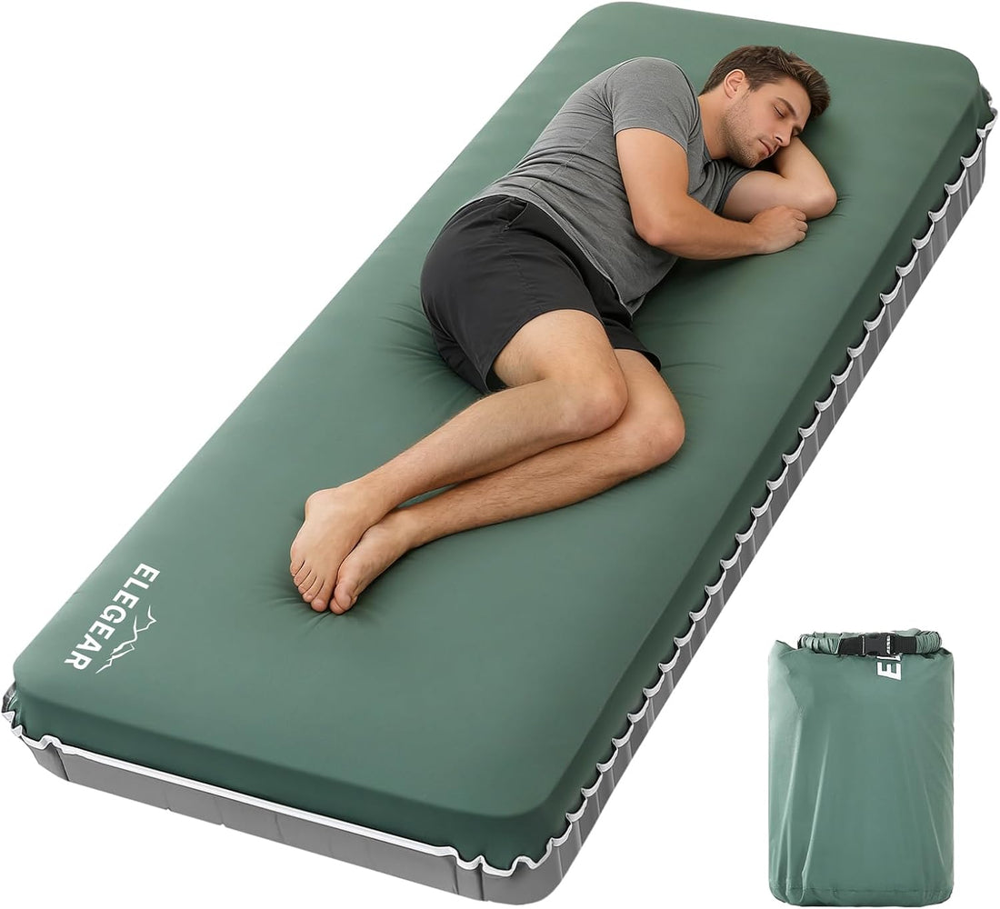 Air & Foam Camping Mattress with Air Pump 4" Single Army Green | Cumbrex™ Memory Foam Sleeping Pad, Ultra-Thick, R-Value 9.5, 4-Season Camp Mat, Compact for Travel Outdoor