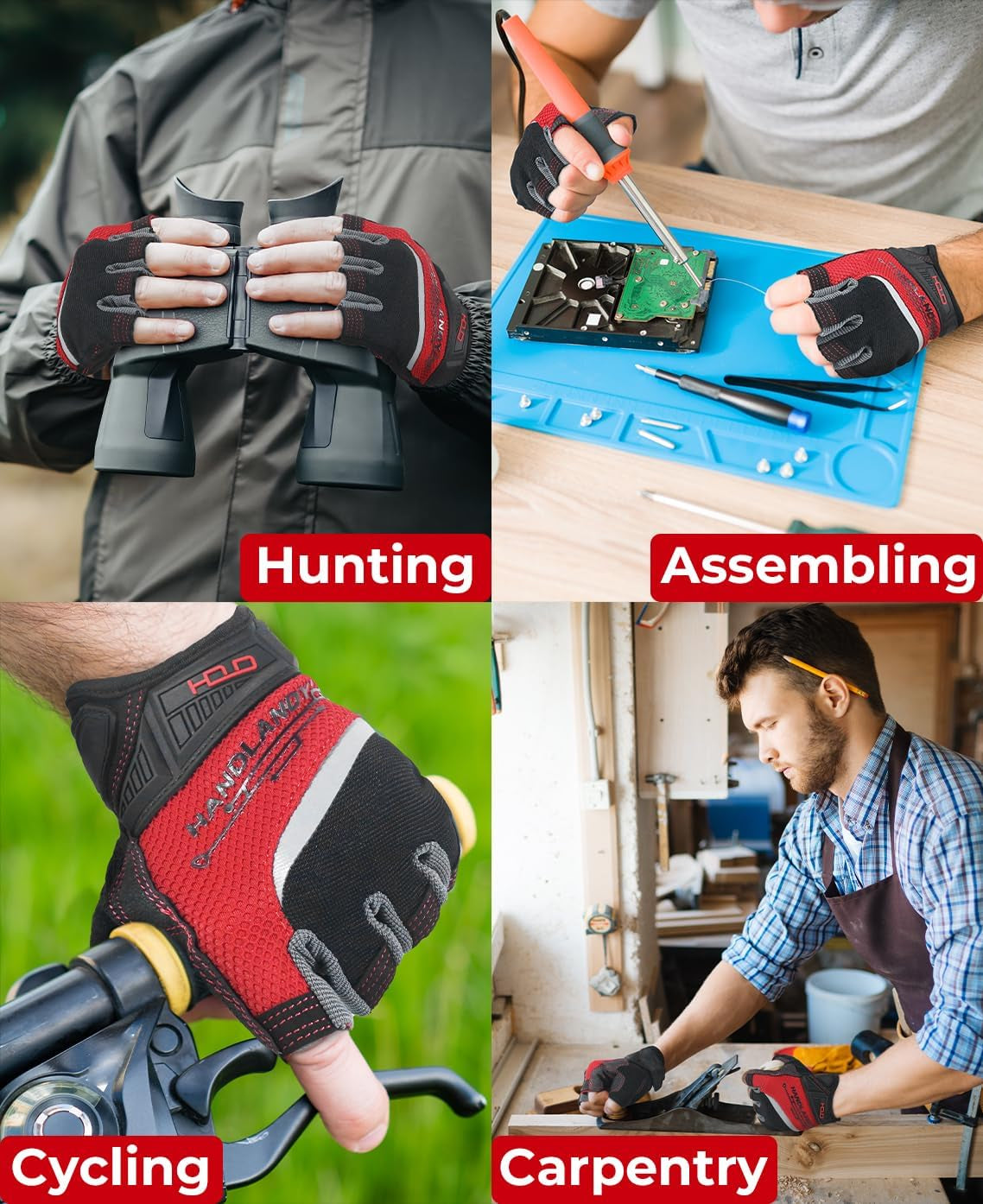 Fingerless Work Gloves for Men, Half Finger Working Glove Grip Shock-Absorbing Breathable Uwrist TPR Anti-Collision Gloves for Mens & Women (L)