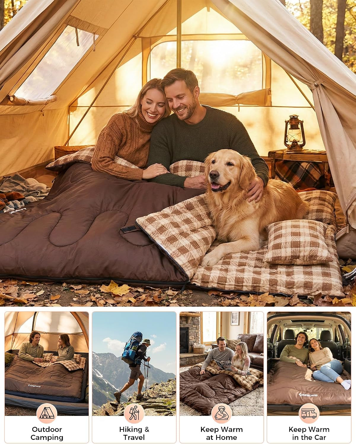 Double Sleeping Bag for Adults, Queen Size 2 Person Sleeping Bag | XXL 100% Cotton Flannel Waterproof,Lightweight,Includes 2 Pillows Sleeping Bag,Perfect for Couples Family Camping Hiking