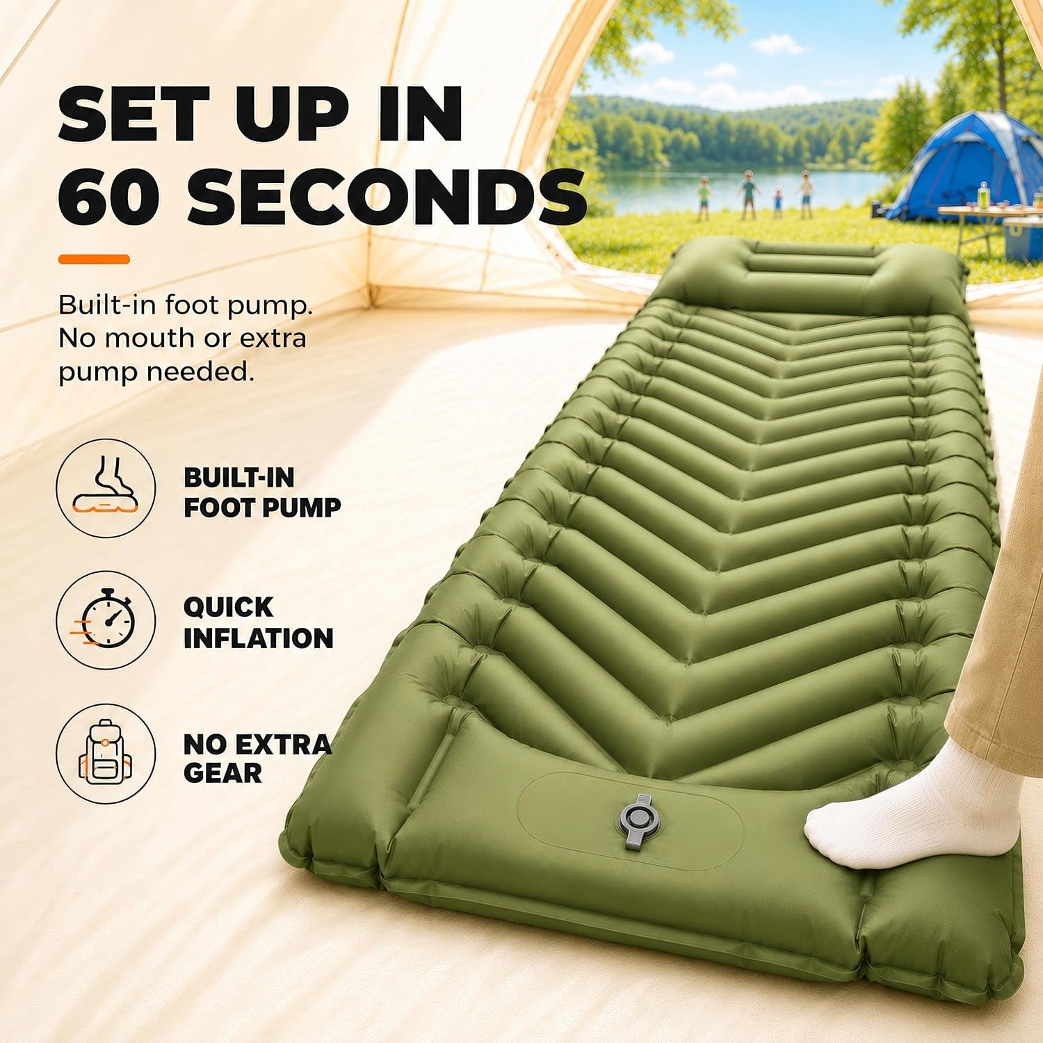 Sleeping Pad for Camping, Camping Mattress - Bed for Outdoors Built-In Foot Pump Air Mattress for Backpacking Leak-Resistant Inflatable Travel Mat Compact Ultralight Single & Double