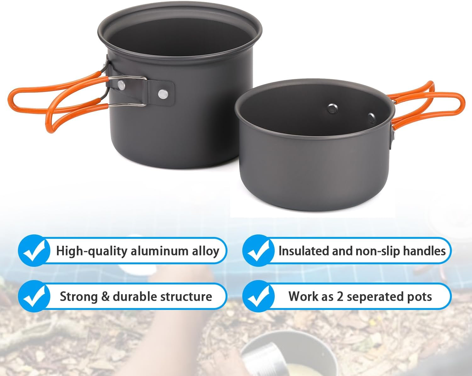 Camping Cookware Mess Kit, Lightweight Pot Stove Spork Set | Protable 6Pcs Backpacking Gear with Carry Mesh Bag for Outdoor Camping Cooking Hiking and Picnic