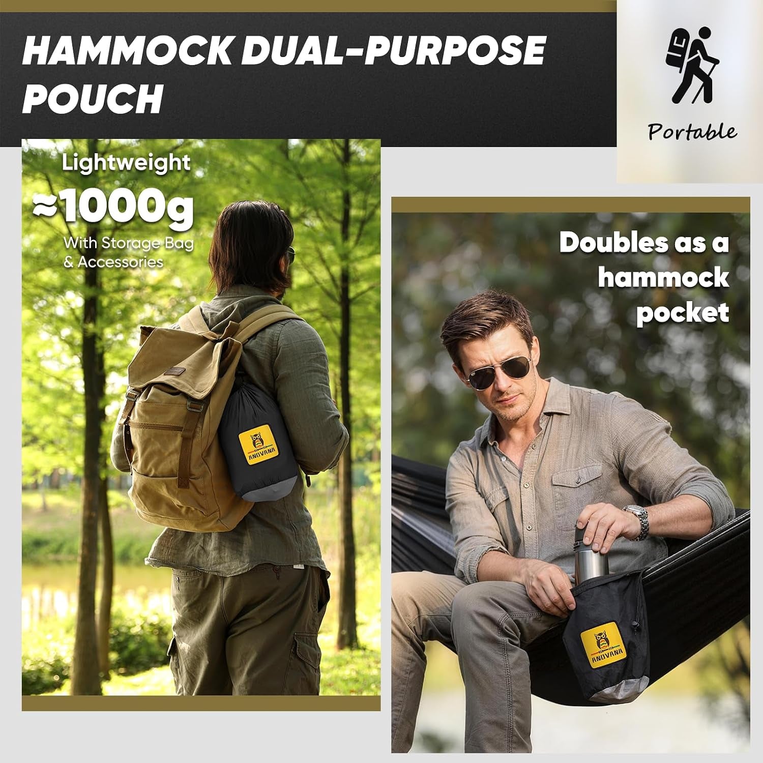 Camping Hammock with Mosquito Net, 500 Lbs Portable Hammock with Tree Straps, 2-In-1 Double/Single Travel Hammock Tent for Outside/Indoor/Backpacking/Beach - Black & Grey