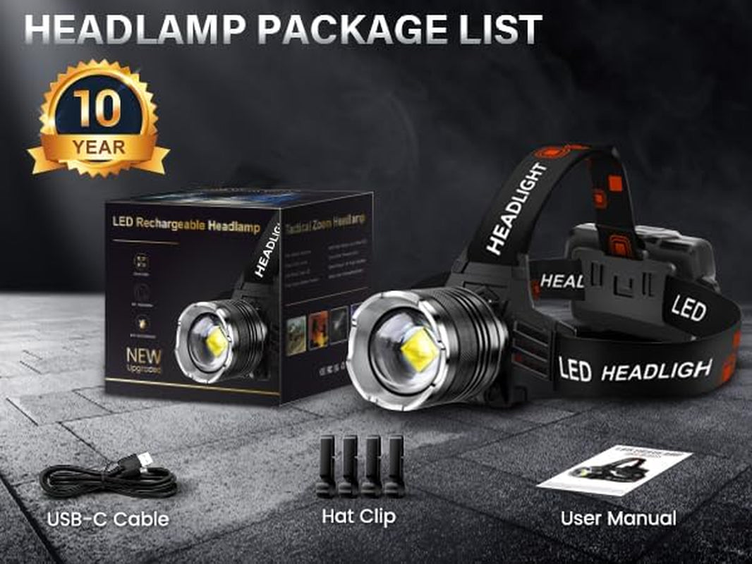 LED Rechargeable Super Bright Headlamp, 99000 High Lumens Head Lamp | 95 Hrs Endurance Headlamps with Zoomable & 12 Modes & Waterproof & 125° Adjustable, Head Light for Outdoor, Camping, Hard Hat