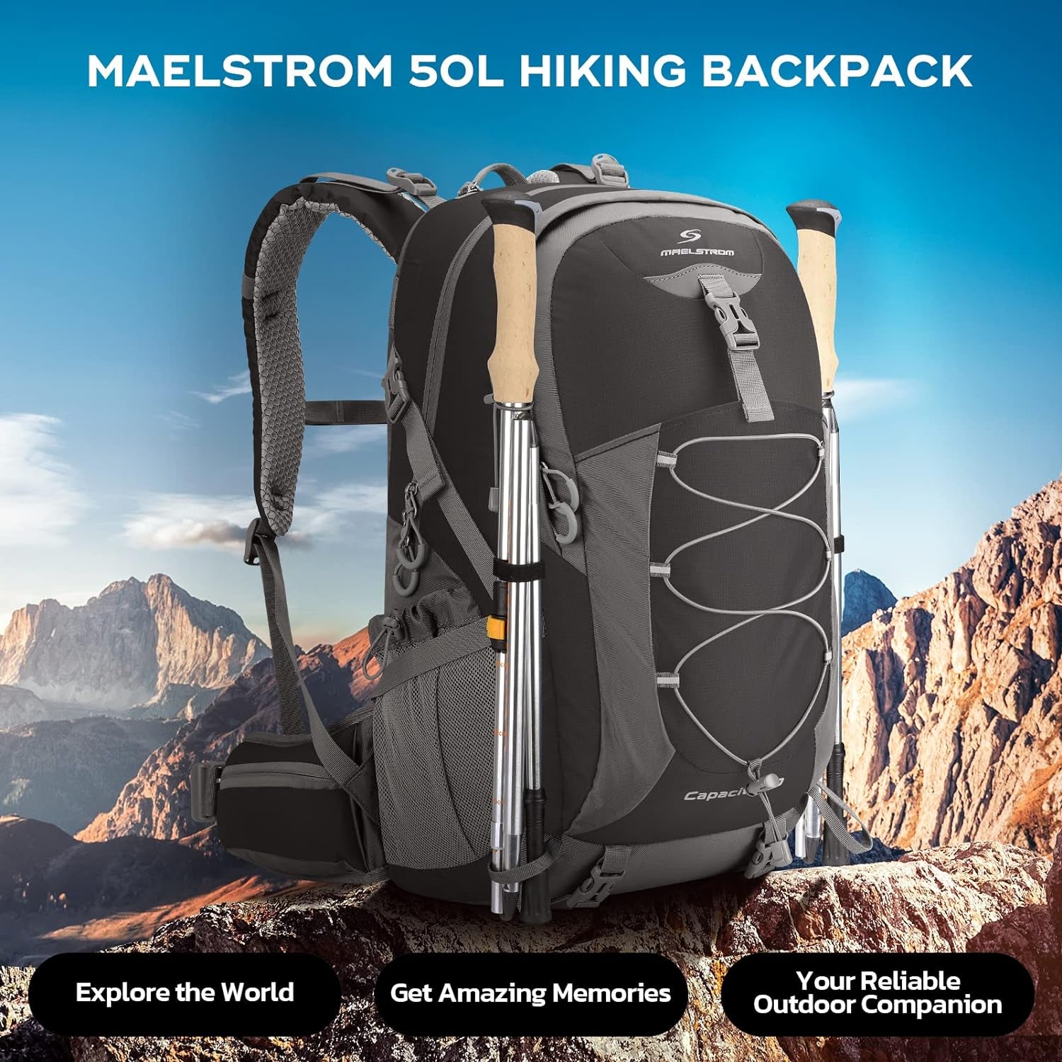 50L Hiking Backpack, Lightweight Camping Daypack with Rain Cover | Water-Resistant Rip-Stop Nylon, Wet/Dry Separation, Multi-Pockets, Survival Whistle. Ideal for Men, Women, Travel, Trekking