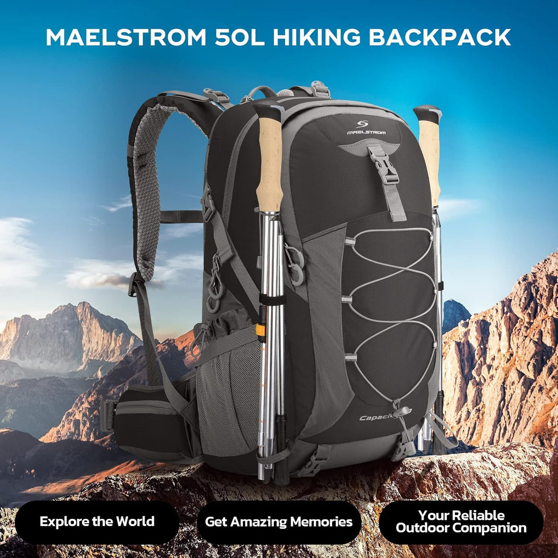 50L Hiking Backpack, Lightweight Camping Daypack with Rain Cover | Water-Resistant Rip-Stop Nylon, Wet/Dry Separation, Multi-Pockets, Survival Whistle. Ideal for Men, Women, Travel, Trekking
