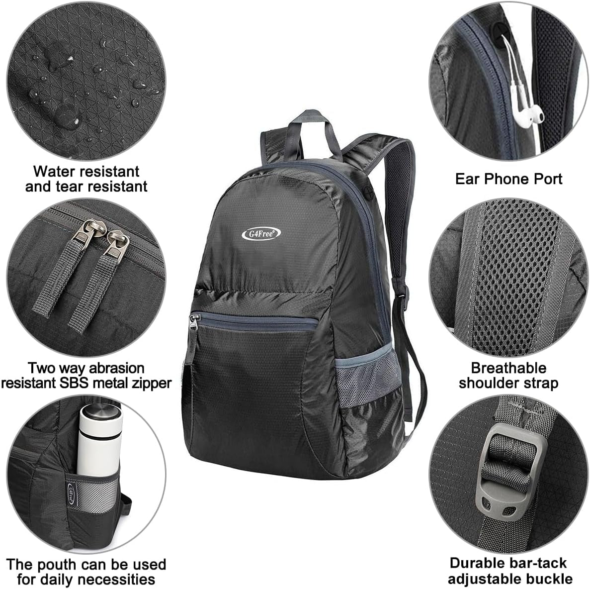 20L Small Packable Travel Hiking Backpack for Men Women | Lightweight Foldable Waterproof Daypack for Outdoor, Black