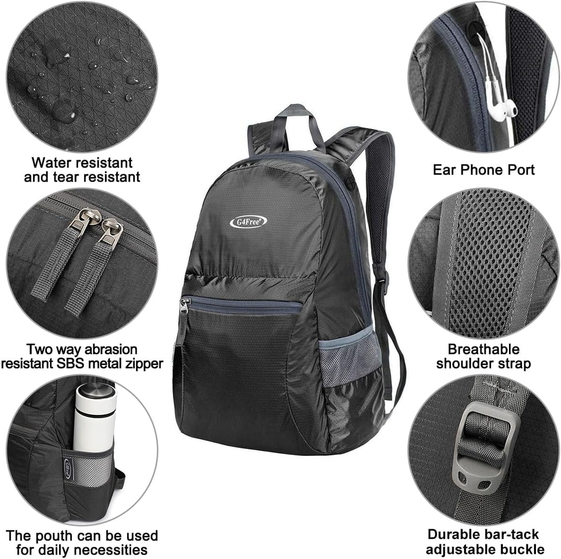 20L Small Packable Travel Hiking Backpack for Men Women | Lightweight Foldable Waterproof Daypack for Outdoor, Black