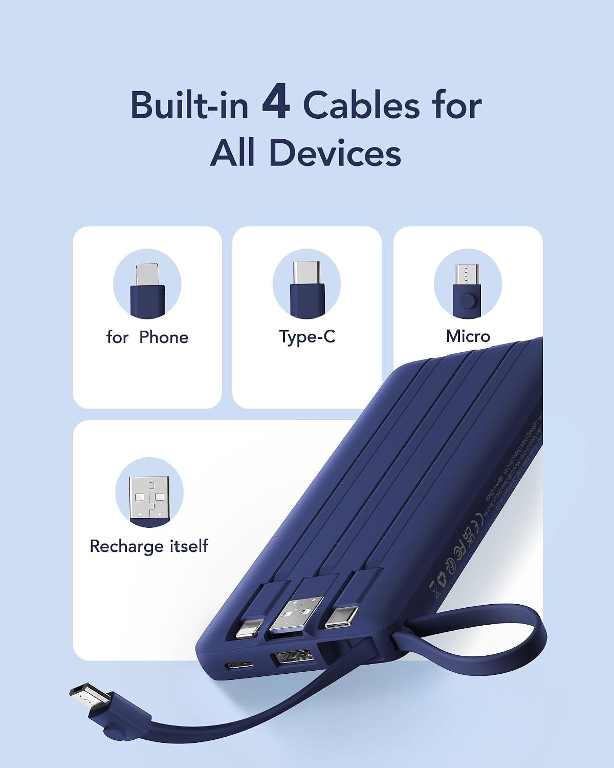 Portable Charger, Built in 4 Cables & Lanyard Power Bank 10000Mah | Compact USB C Phone Charging Bank 5 Outputs for Multi Devices,Travel Essential for Hiking Camping Business-Navy(1 Pack)