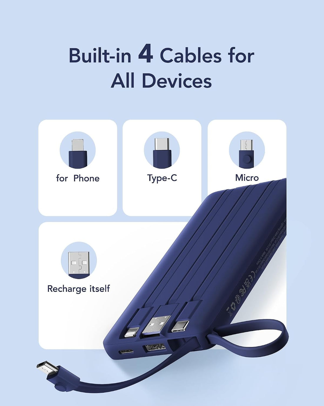 Portable Charger, Built in 4 Cables & Lanyard Power Bank 10000Mah | Compact USB C Phone Charging Bank 5 Outputs for Multi Devices,Travel Essential for Hiking Camping Business-Navy(1 Pack)