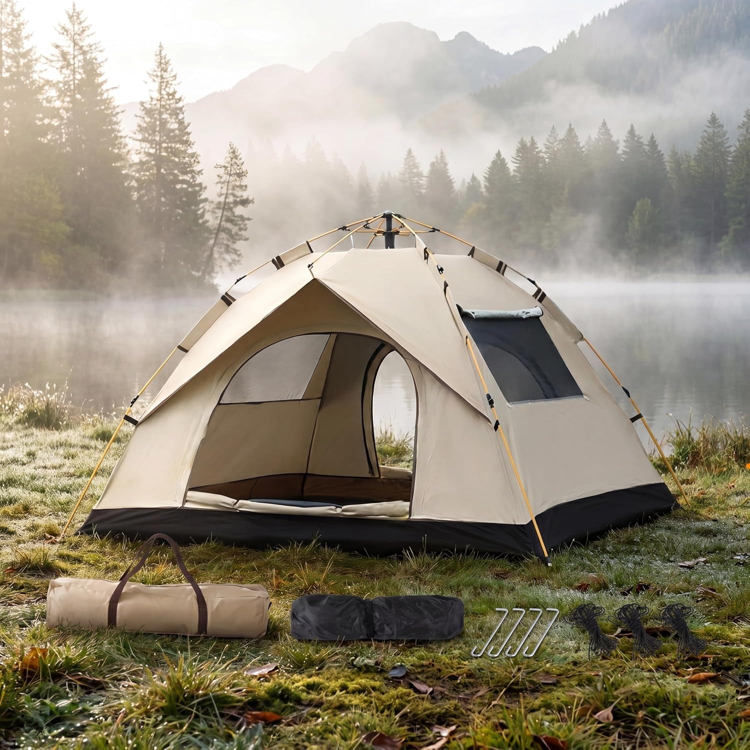 3-4 Person Instant Pop up Tent, Waterproof Outdoor Camping Tent 210X190X135Cm, Portable Family Tent with Carry Bag for Hiking, Backpacking, Picnic, Travel