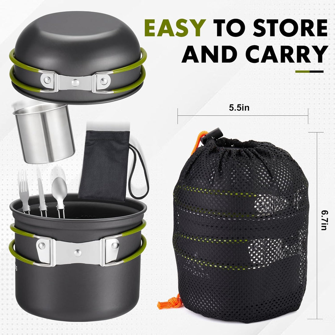 Camping Cookware Kit Backpacking, 0.33Gal Pots and 0.17Gal Pans Set,0.08Gal SUS304 Cup, Forks Knives Spoons for Hiking,Camping,Outdoor Cooking,Picnic,Solo Camping Cookware