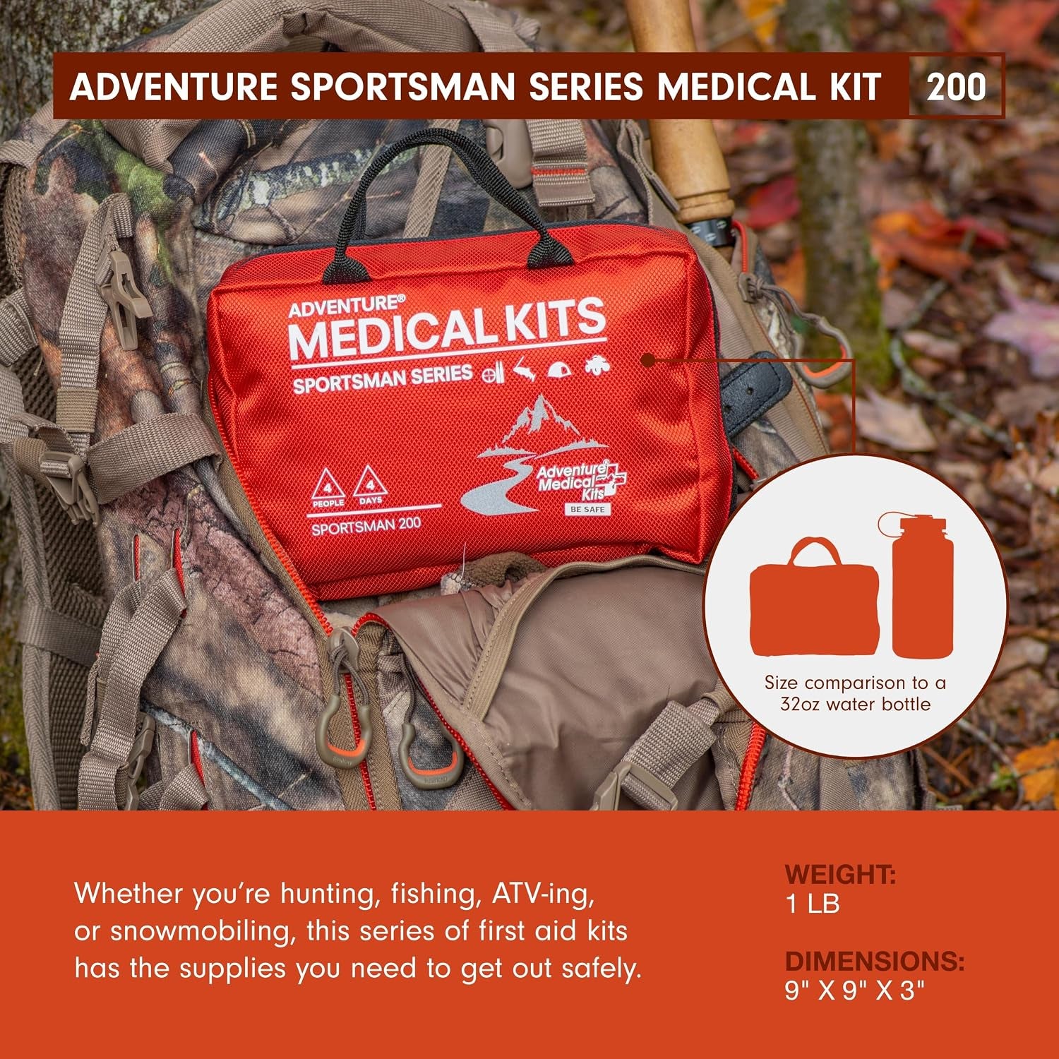 Sportsman Series Medical Kit - 200 - First Aid Kit for Camping, Hiking, Hunting & More - for 4 People for 4 Days - Includes Bandages, Medicine, Guide Book & More | Easy Care Organized Kit Includes Hospital-Quality Bandages, Medications & a Wilderness First Aid Guide Book