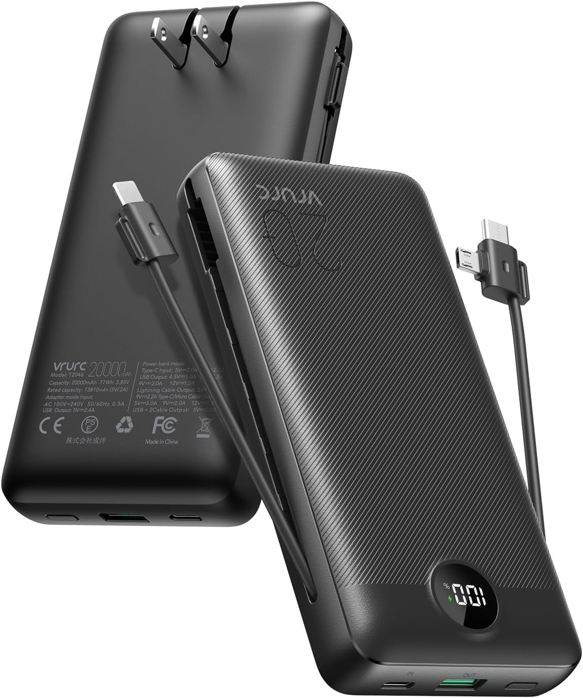 Portable Charger 20000Mah, Fast Charging Power Bank USB C,4 Output 2 Input Travel Essentials Charging Bank Equipped with LED Display,Built-In Wall Plug and Cables,Phone Charger Battery,Black