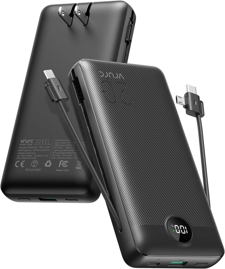 Portable Charger 20000Mah, Fast Charging Power Bank USB C,4 Output 2 Input Travel Essentials Charging Bank Equipped with LED Display,Built-In Wall Plug and Cables,Phone Charger Battery,Black
