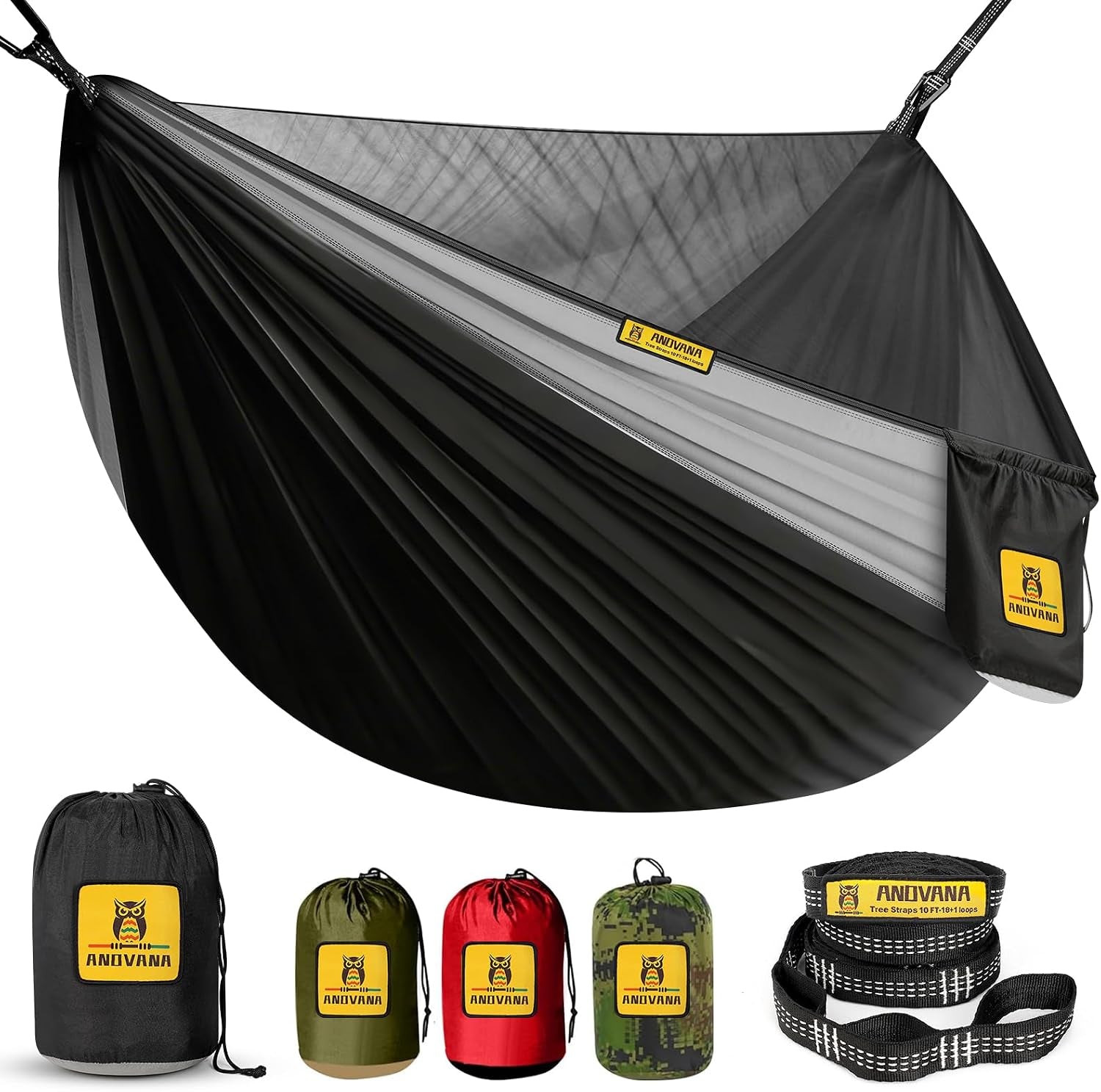 Camping Hammock with Mosquito Net, 500 Lbs Portable Hammock with Tree Straps, 2-In-1 Double/Single Travel Hammock Tent for Outside/Indoor/Backpacking/Beach - Black & Grey