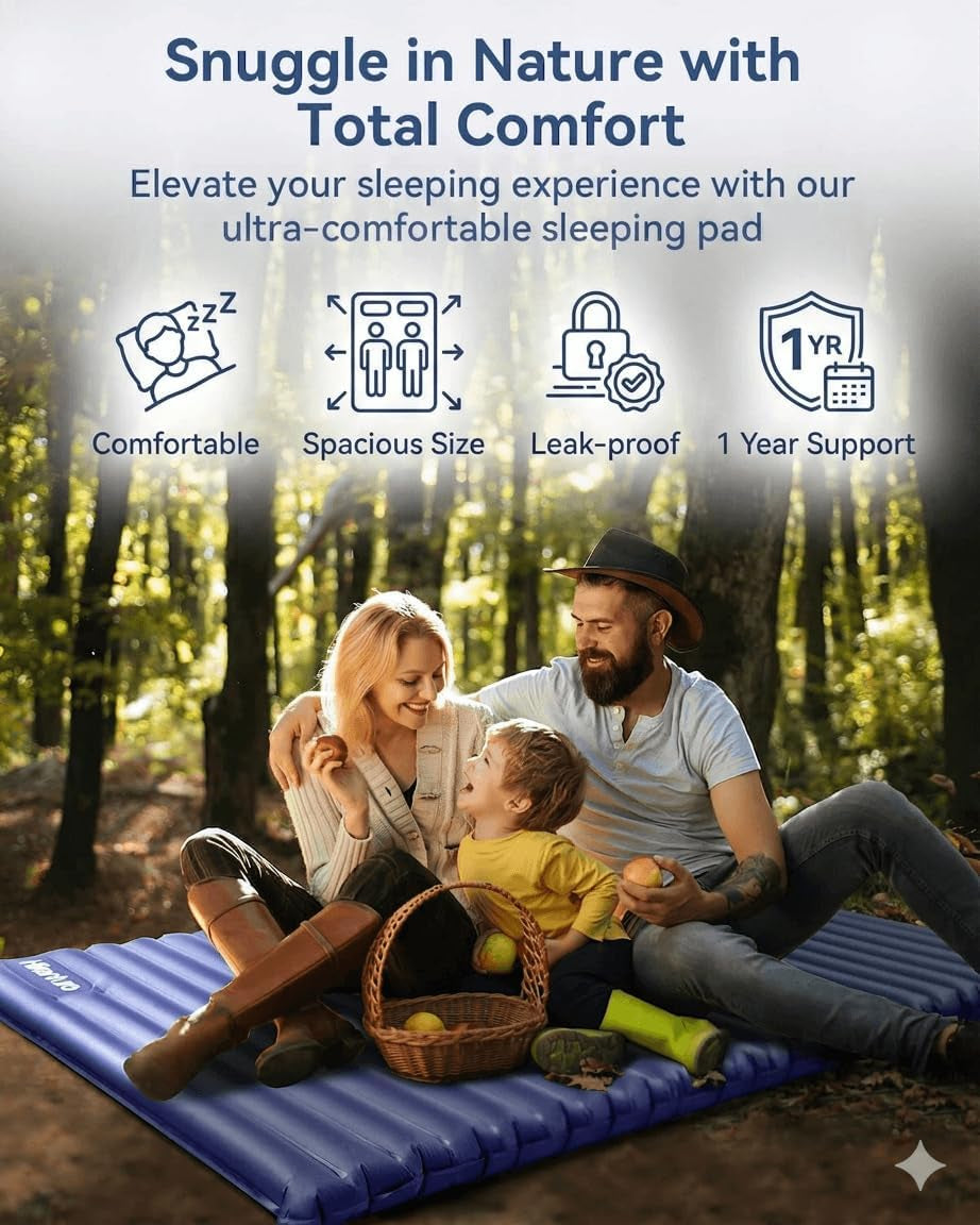 Double Sleeping Pad for Camping, Ultralight 4" Extra-Thick Camping Mattress 2 Person, Inflatable Backpacking Sleeping Mat, Hiking Air Mattress for Tent (Navy Footpump 79X47.5In)