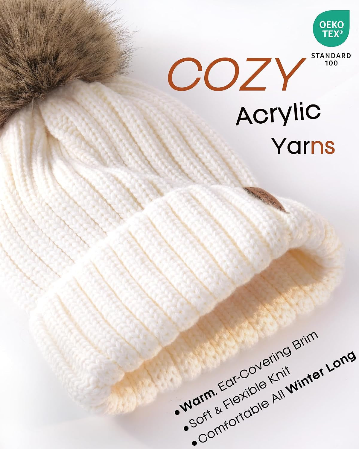 Womens Winter Knitted Beanie Hat with Faux Fur Pom Warm Knit Skull Cap Beanie for Women